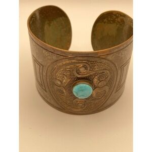 Wide Antiqued Copper Tone Cuff Bracelet Faux Turquoise Boho Tribal Statement